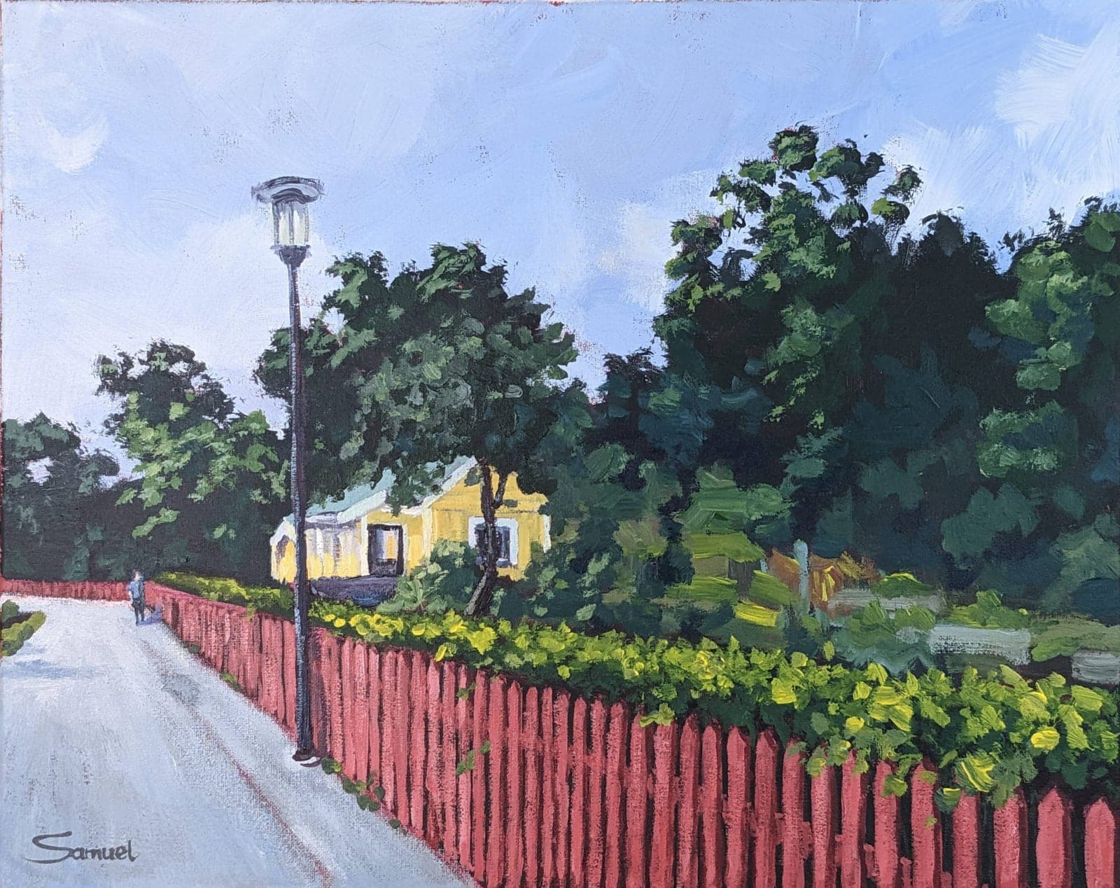 Bright red-fenced path and peek of secluded yellow cottage. Stockholm