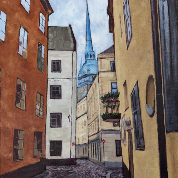 Cobblestone road and church tower – Stockholm – 4TIB